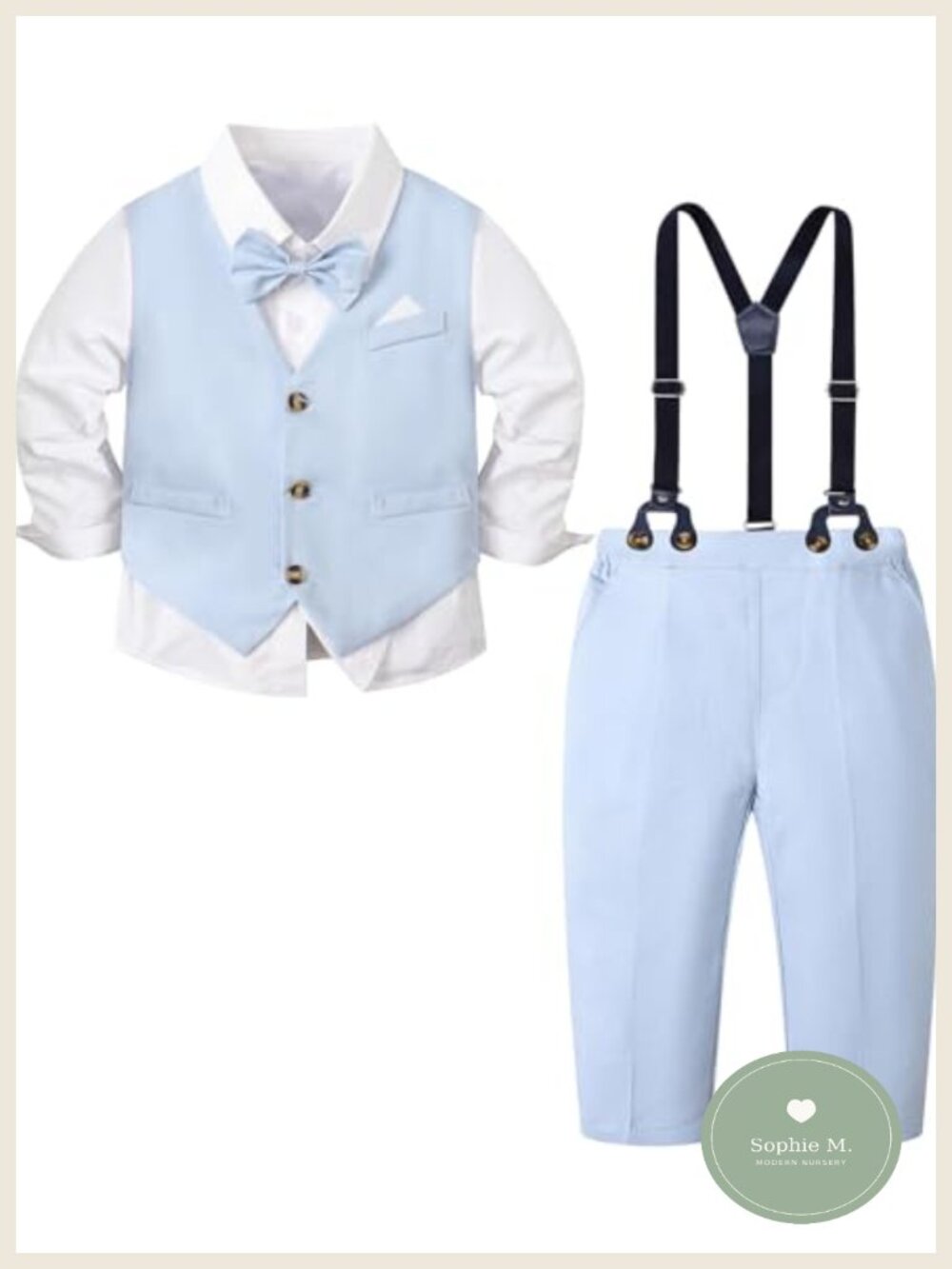 Boys 5-Piece Cotton Linen Suit Set Dress Shirt Vest Pants Bow Tie Formal Outfit